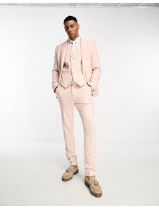 ASOS DESIGN - Pantaloni da abito skinny in misto lana a spina di pesce rosa pastello