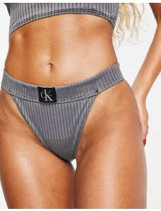 Calvin Klein - Slip bikini a vita alta a coste grigi-Grigio
