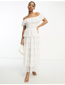 Amy Jane - London Aurelia - Vestito lungo a balze bianco con scollo Bardot