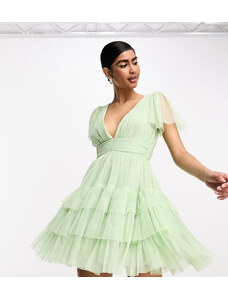 Lace & Beads - Madison - Vestito da damigella corto in tulle color salvia con scollo a V-Verde