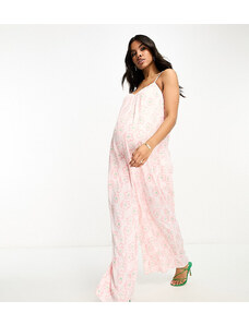Glamorous Maternity - Tuta jumpsuit stile grembiule rosa a fiori con lacci sul retro e spalline sottili