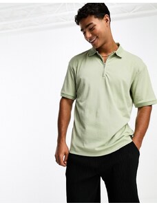 Selected Homme - Polo oversize verde salvia con scollo con zip