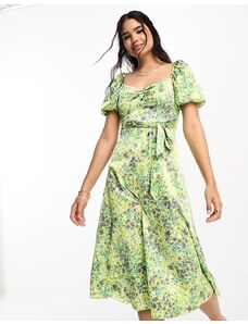 New Look - Vestito midi arricciato sul davanti con scollo squadrato e maniche a sbuffo verde a fiori