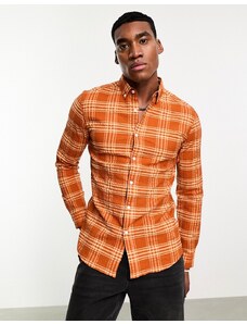 Farah - Wailer - Camicia a maniche lunghe a quadri arancione bruciato testurizzato