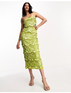 ASOS DESIGN - Vestito midi color lime con cut-out in vita decorato con paillettes a goccia-Verde