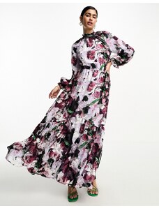 ASOS DESIGN - Vestito lungo a fiori jacquard accollato con maniche voluminose-Multicolore