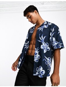 Selected Homme - Camicia in lino blu navy a fiori con maniche corte e colletto a rever