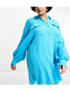 ASOS Curve ASOS DESIGN Curve - Vestito camicia corto oversize blu in tessuto doppio