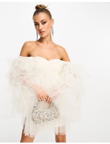Lace & Beads - Vestito corto in tulle color avorio con maniche a balze-Bianco