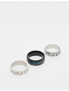 ASOS DESIGN - Confezione da 3 anelli in acciaio inossidabile con dettagli iridescenti e motivo a onde color argento