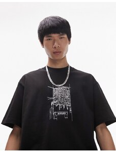 Topman - T-shirt oversize nera con stampa stilizzata ricamata-Nero