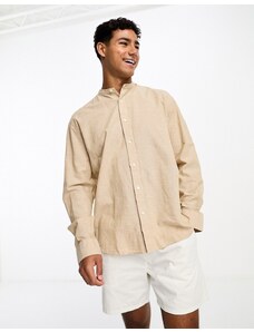 Selected Homme - Camicia a maniche lunghe con collo serafino in misto lino beige-Neutro