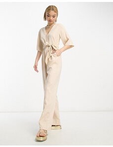 Selected Femme - Tuta jumpsuit color sabbia effetto lino-Neutro