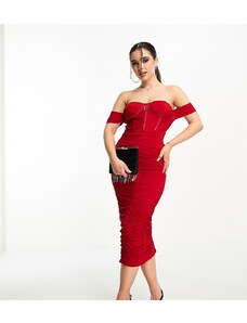 Jaded Rose Petite - Vestito rosso trasparente con vita stile corsetto arricciato con gonna al polpaccio