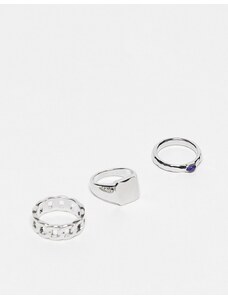 Topshop - Confezione da 3 anelli spessi misti color argento con pietre e catenina