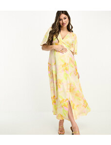 Flounce London Maternity - Vestito lungo a portafoglio in raso con maniche con volant e stampa floreale-Multicolore