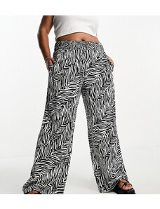 Simply Be - Pantaloni a fondo ampio neri con stampa zebrata e arricciatura in vita-Multicolore