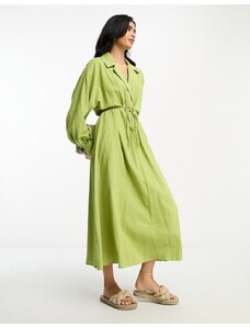 ASOS DESIGN - Vestito camicia midi in cotone verde testurizzato con cut-out
