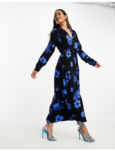 Selected Femme - Vestito lungo blu a fiori con cintura-Nero
