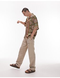 Topman - Camicia a maniche corte comoda in raso con stampa fantasia multicolore