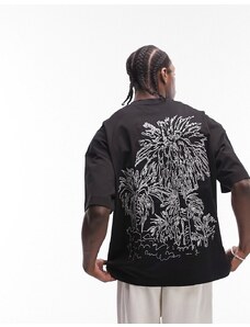 Topman Premium - T-shirt oversize nera con palme ricamate sul davanti e sul retro-Nero