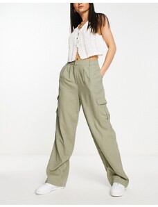 New Look - Pantaloni cargo in lino kaki scuro a fondo ampio-Verde