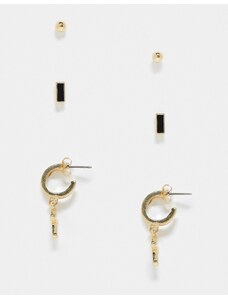 Jack & Jones - Confezione da 3 paia di orecchini dorati a bottone con design squadrato, circolare e a croce-Oro