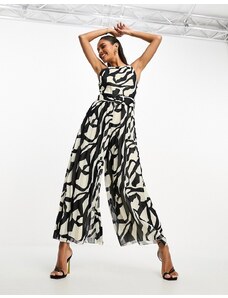 ASOS DESIGN - Tuta jumpsuit culotte a pieghe con cintura e stampa astratta color bianco e nero-Multicolore