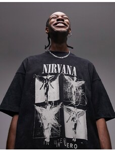 Topman - T-shirt super oversize nero slavato con stampa "Nirvana" con angelo