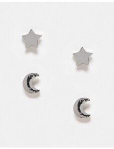Jack & Jones - Confezione da 2 paia di orecchini a bottone effetto argento con stella e luna