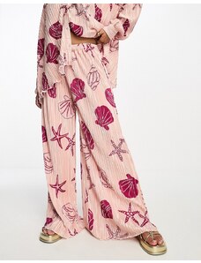 Bailey Rose - Pantaloni comodi plissé rosa con stampa di conchiglie in coordinato