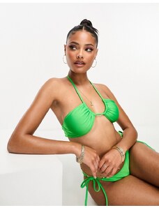 Esclusiva Pieces - Top bikini allacciato al collo verde acceso con incrocio sul davanti