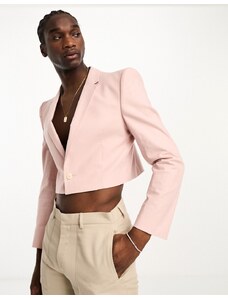 ASOS DESIGN - Blazer corto in misto lino con spalle squadrate rosa