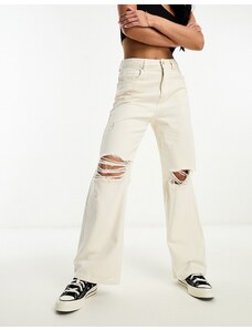 Miss Selfridge - Jeans larghi écru con strappi sulle ginocchia-Bianco