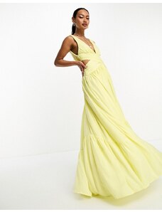 ASOS DESIGN - Vestito lungo avvolgente in raso giallo limone con fondo asimmetrico