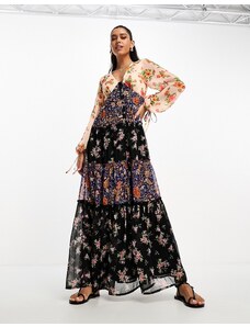 ASOS DESIGN - Vestito lungo stile grembiule in chiffon con stampa mista e bottoni-Multicolore