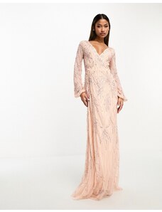 Beauut - Vestito lungo da damigella a portafoglio color cipria con decorazioni-Rosa