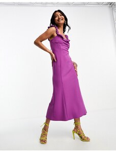 ASOS DESIGN - Vestito midi svasato con scollo arricciato color magenta testurizzato-Rosa