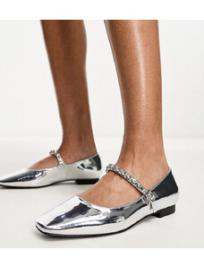 Glamorous Wide Fit - Scarpe Mary Jane color argento metallizzato con cinturino decorato