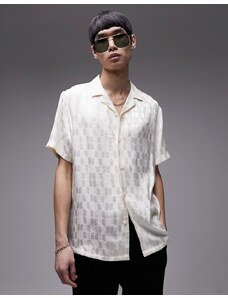 Topman - Camicia a maniche corte con rever vestibilità classica in jacquard con stampa effetto griglia, colore bianco