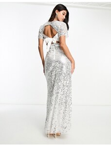Beauut - Vestito da sposa lungo aperto dietro crema e argento con decorazioni-Bianco