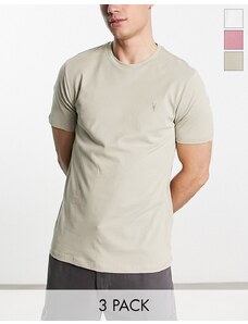 AllSaints - Brace - Confezione da 3 T-shirt in cotone pettinato verde salvia/bianca/rosa-Multicolore