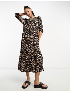 New Look - Vestito grembiule midi leopardato con maniche a sbuffo-Brown