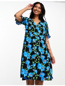 Y.A.S - Elma - Vestito corto avvolgente blu con stampa a fiori-Nero