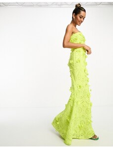 ASOS DESIGN - Vestito lungo a fascia in pizzo sangallo verde lime con dettagli floreali-Giallo