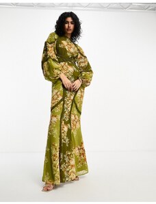 ASOS DESIGN - Vestito lungo asimmetrico a maniche lunghe con inserti in pizzo verde a fiori-Multicolore