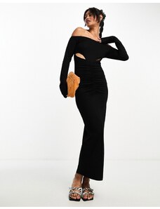 ASOS DESIGN - Vestito midi nero a maniche lunghe con scollo alla Bardot e arricciature frontali con cut-out