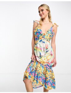 Hope & Ivy - Vestito midi vivace a fiori con fondo asimmetrico e incrocio sul davanti-Multicolore