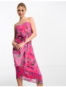Hope & Ivy - Vestito midi a fascia drappeggiato rosa vivace a fiori