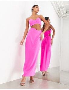 ASOS EDITION - Vestito midi con spalline sottili rosa acceso con design ondulato e cut-out